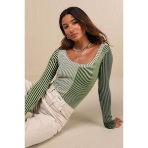 Lulus Mod Cutie Green Color Block Ribbed Long Sleeve Bodysuit - Size M